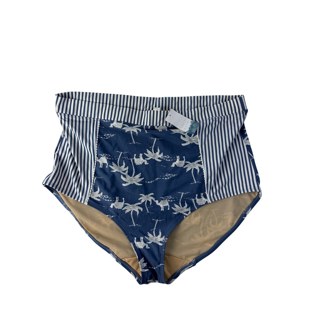 NWT Cacique Swim Bikini Bottoms Size 24 Blue Palm Tree Camel High Waist Striped
